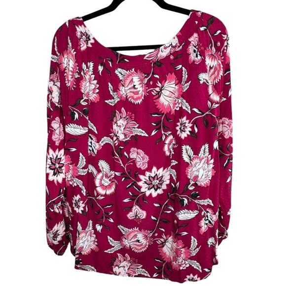 LOFT Outlet Blouse Womens XXL Red/Pink Floral Balloon Sleeves V-Neck Blouse - Picture 4 of 9